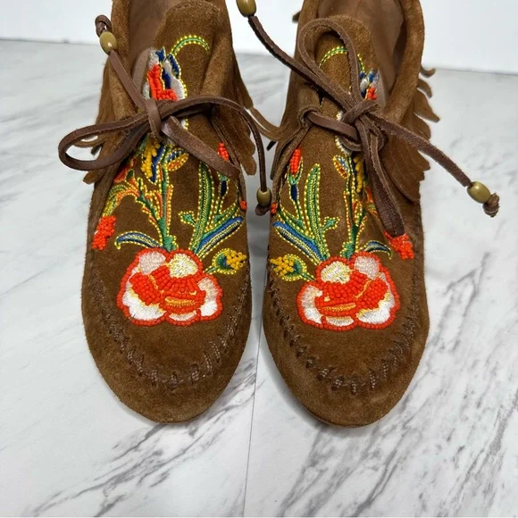 Tory Burch Huntington Fringe Brown Suede Beaded Bootie 5 1/2 M